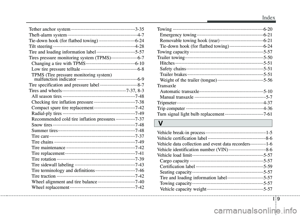 HYUNDAI TUCSON 2010 Owners Manual
I9
Index
Tether anchor system ··················\
··················\
·················3-35\
Theft-alarm system ················ HYUNDAI TUCSON 2010 Owners Manual
I9
Index
Tether anchor system ··················\
··················\
·················3-35\
Theft-alarm system ················