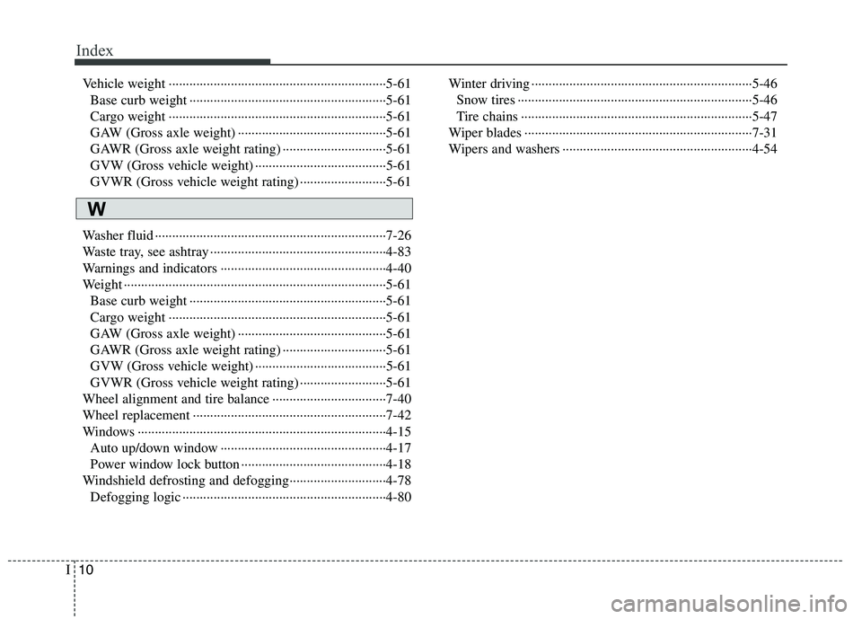 HYUNDAI TUCSON 2010 Owners Manual
Index
10I
Vehicle weight ··················\
··················\
··················\
·········5-61Base curb weight ·········· HYUNDAI TUCSON 2010 Owners Manual
Index
10I
Vehicle weight ··················\
··················\
··················\
·········5-61Base curb weight ··········