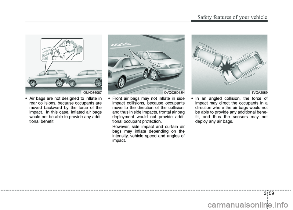 HYUNDAI TUCSON 2010  Owners Manual 
359
Safety features of your vehicle
 Air bags are not designed to inflate inrear collisions, because occupants are
moved backward by the force of the
impact. In this case, inflated air bags
would not