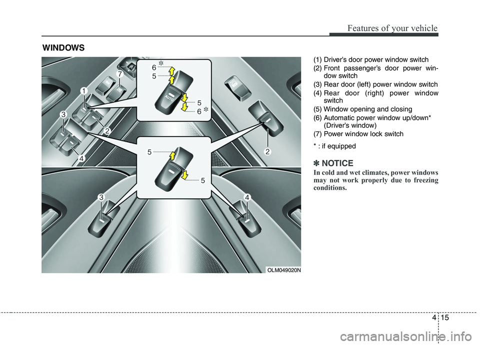 HYUNDAI TUCSON 2010  Owners Manual 
415
Features of your vehicle
(1) Driver’s door power window switch
(2) Front passenger’s door power win-dow switch
(3) Rear door (left) power window switch
(4)  Rear door (right) power window
swi