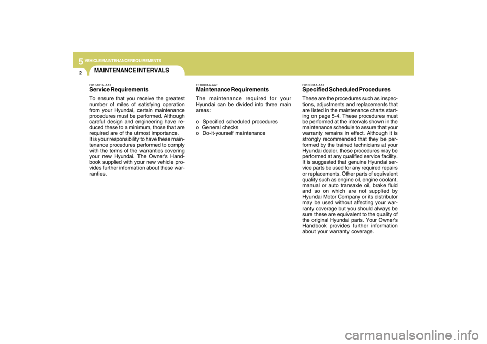 HYUNDAI TUCSON 2009  Owners Manual 5
VEHICLE MAINTENANCE REQUIREMENTS2
F010C01A-AATSpecified Scheduled ProceduresThese are the procedures such as inspec-
tions, adjustments and replacements that
are listed in the maintenance charts sta