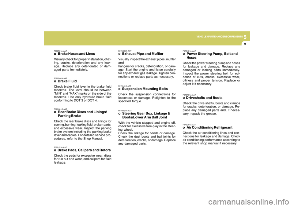 HYUNDAI TUCSON 2009  Owners Manual 5
VEHICLE MAINTENANCE REQUIREMENTS
9
F070L01A-AATo  Suspension Mounting BoltsCheck the suspension connections for
looseness or damage. Retighten to the
specified torque.
F070G02A-AATo  Brake FluidChec