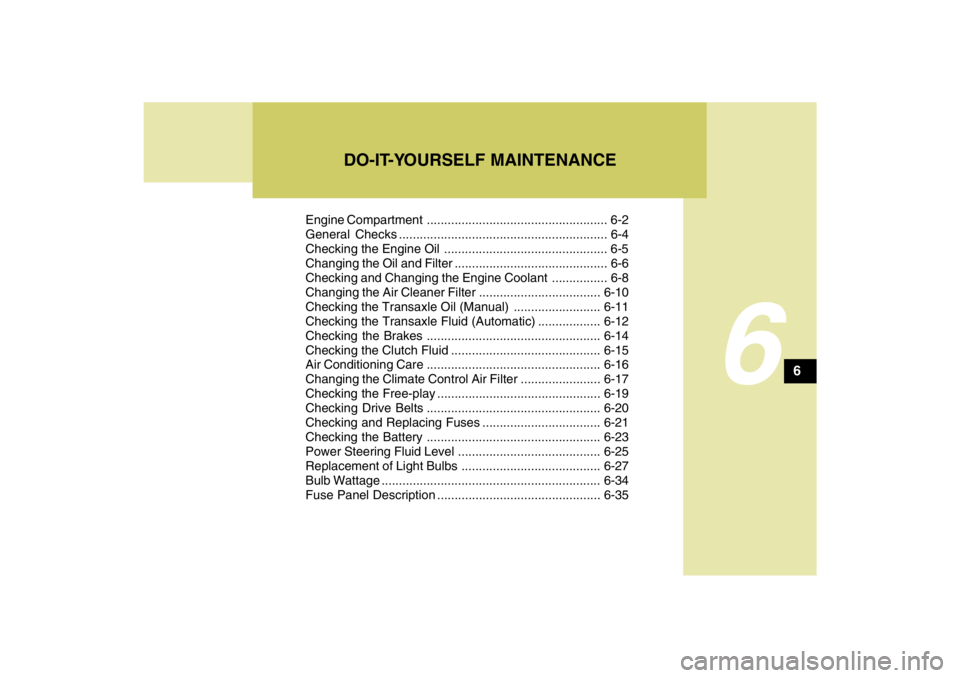 HYUNDAI TUCSON 2009  Owners Manual 6
Engine Compartment .................................................... 6-2
General Checks ............................................................ 6-4
Checking the Engine Oil ..................