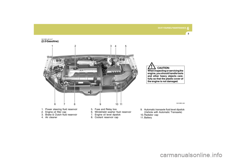 HYUNDAI TUCSON 2009  Owners Manual 6
DO-IT-YOURSELF MAINTENANCE
3
G010B01JM-AAT(2.0 Gasoline)
G010B01JM
1. Power steering fluid reservoir
2. Engine oil filler cap
3. Brake & Clutch fluid reservoir
4. Air cleaner5. Fuse and Relay box
6.