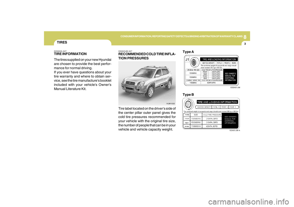 HYUNDAI TUCSON 2009  Owners Manual 8
CONSUMER INFORMATION, REPORTING SAFETY DEFECTS & BINDING ARBITRATION OF WARRANTY CLAIMS
3
TIRES
I030A03JM-AATRECOMMENDED COLD TIRE INFLA-
TION PRESSURES
I020A02A-AATTIRE INFORMATION
The tires suppli