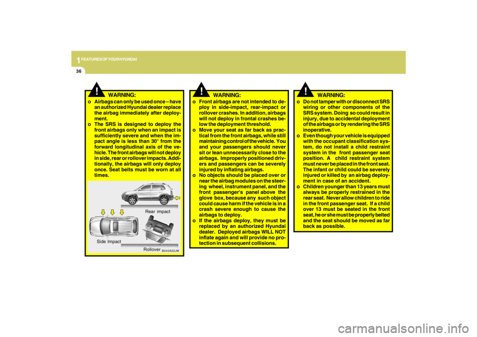 HYUNDAI TUCSON 2009  Owners Manual 1FEATURES OF YOUR HYUNDAI36
B240A02JM
!
Rear impact
Side Impact
Rollover
WARNING:
o Airbags can only be used once – have
an authorized Hyundai dealer replace
the airbag immediately after deploy-
men