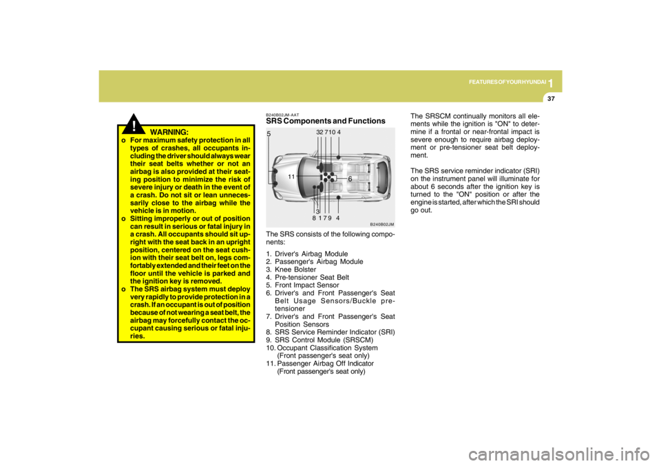 HYUNDAI TUCSON 2009  Owners Manual 1
FEATURES OF YOUR HYUNDAI
37
!
WARNING:
The SRSCM continually monitors all ele-
ments while the ignition is "ON" to deter-
mine if a frontal or near-frontal impact is
severe enough to require airbag 