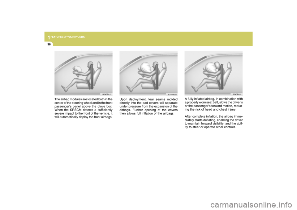 HYUNDAI TUCSON 2009  Owners Manual 1FEATURES OF YOUR HYUNDAI38
A fully inflated airbag, in combination with
a properly worn seat belt, slows the drivers
or the passengers forward motion, reduc-
ing the risk of head and chest injury.

