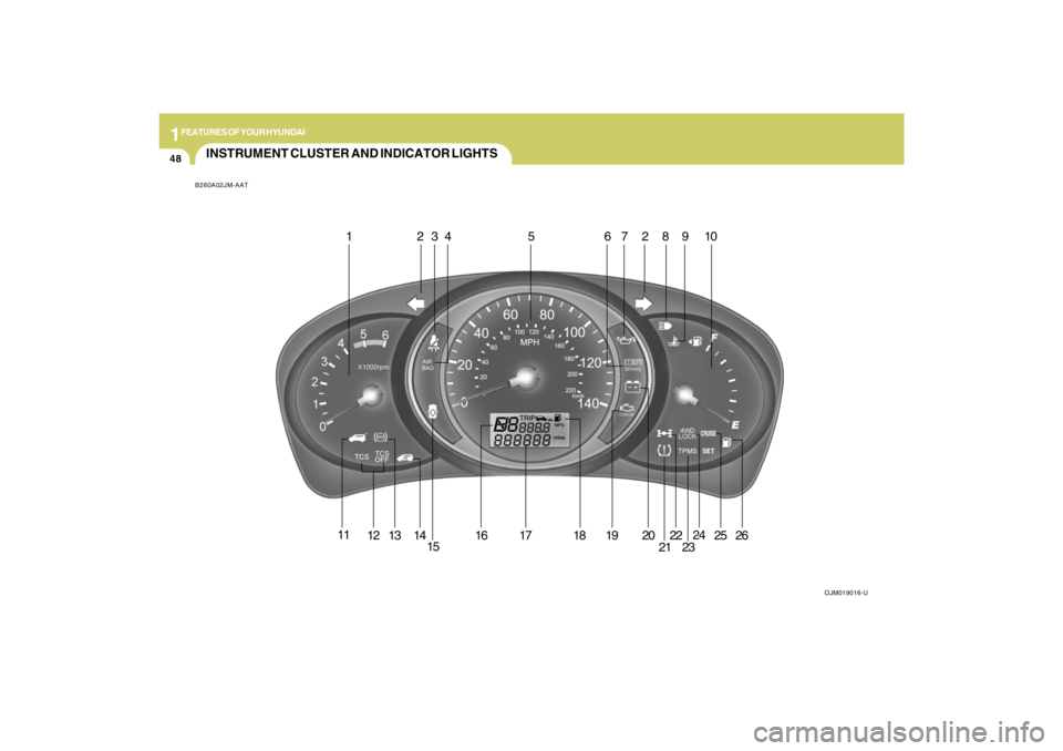 HYUNDAI TUCSON 2009  Owners Manual 1FEATURES OF YOUR HYUNDAI48
INSTRUMENT CLUSTER AND INDICATOR LIGHTSB260A02JM-AAT
OJM019016-U
1 234 5 67289 10
11
12
13
14
1516 17 18 19 20
2122
2324
2526 
