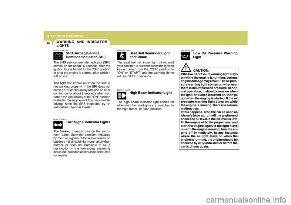 HYUNDAI TUCSON 2009  Owners Manual 1FEATURES OF YOUR HYUNDAI50
WARNING AND INDICATOR
LIGHTSB260B01JM-AAT
SRS (Airbag) Service
Reminder Indicator (SRI)
The SRS service reminder indicator (SRI)
comes on for about  6 seconds after the
ign