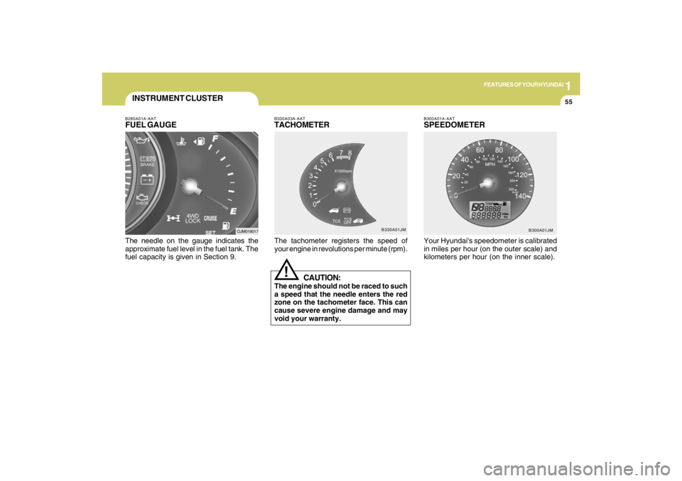 HYUNDAI TUCSON 2009  Owners Manual 1
FEATURES OF YOUR HYUNDAI
55
B280A01A-AATFUEL GAUGEThe needle on the gauge indicates the
approximate fuel level in the fuel tank. The
fuel capacity is given in Section 9.INSTRUMENT CLUSTER
OJM019017B