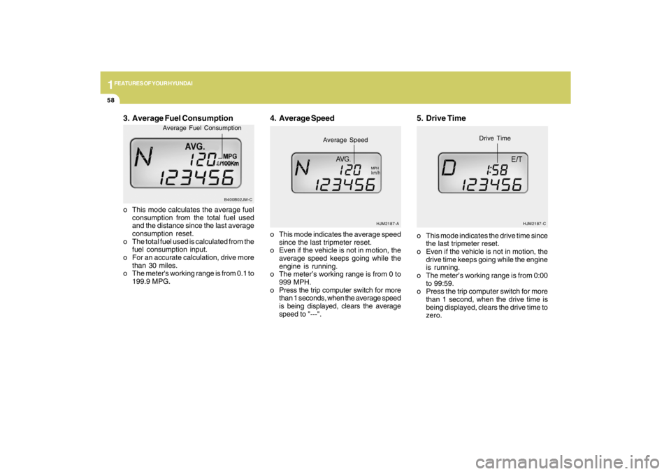 HYUNDAI TUCSON 2009  Owners Manual 1FEATURES OF YOUR HYUNDAI58
3. Average Fuel Consumptiono This mode calculates the average fuel
consumption from the total fuel used
and the distance since the last average
consumption reset.
o The tot