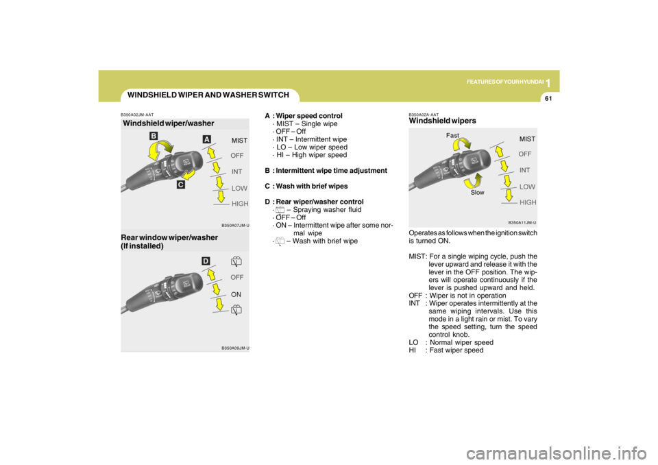 HYUNDAI TUCSON 2009 Owners Manual 1
FEATURES OF YOUR HYUNDAI
61
WINDSHIELD WIPER AND WASHER SWITCH
A : Wiper speed control
· MIST – Single wipe
· OFF – Off
· INT – Intermittent wipe
· LO – Low wiper speed
· HI – High wi HYUNDAI TUCSON 2009 Owners Manual 1
FEATURES OF YOUR HYUNDAI
61
WINDSHIELD WIPER AND WASHER SWITCH
A : Wiper speed control
· MIST – Single wipe
· OFF – Off
· INT – Intermittent wipe
· LO – Low wiper speed
· HI – High wi
