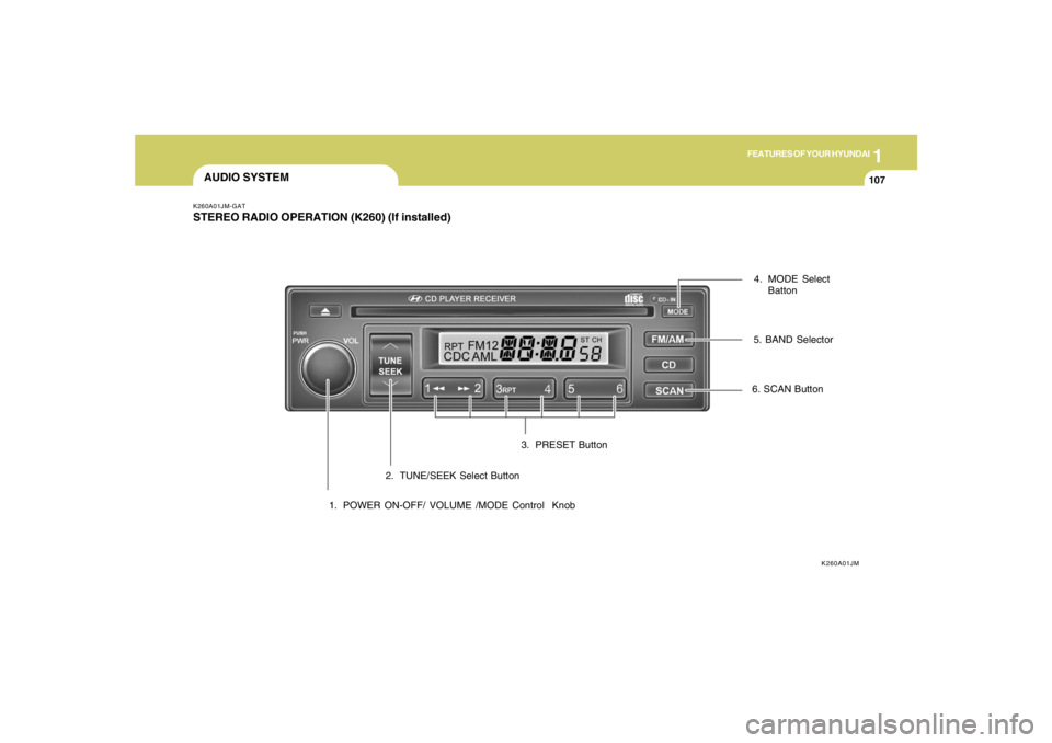 HYUNDAI TUCSON 2007  Owners Manual 1
FEATURES OF YOUR HYUNDAI
107107107107107
AUDIO SYSTEMK260A01JM-GATSTEREO RADIO OPERATION (K260) (If installed)
K260A01JM
1. POWER ON-OFF/ VOLUME /MODE Control  Knob2. TUNE/SEEK Select Button3. PRESE