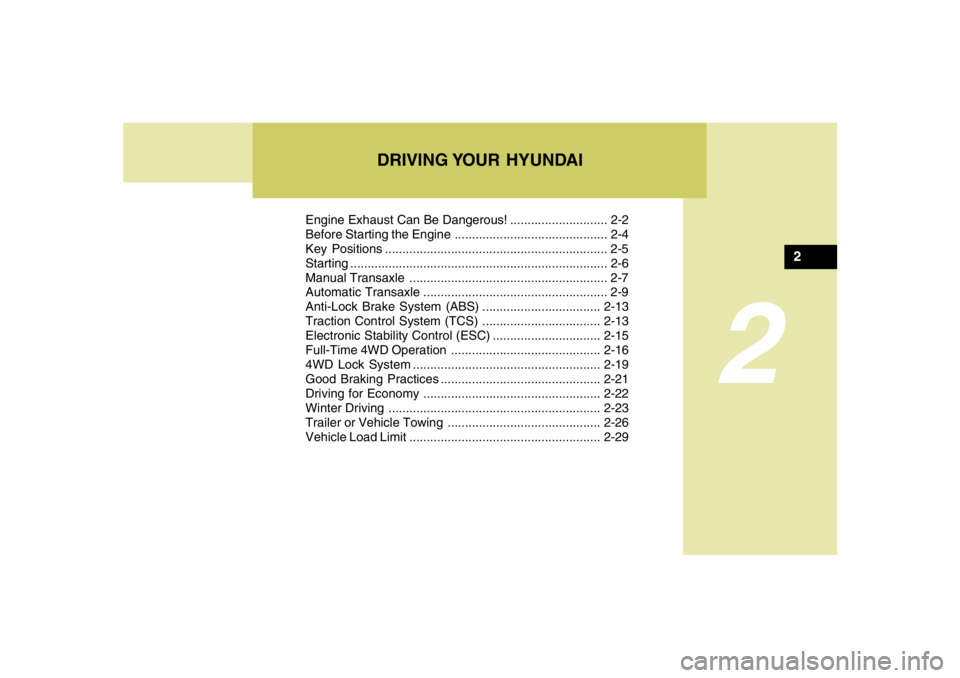 HYUNDAI TUCSON 2007  Owners Manual DRIVING YOUR  HYUNDAI
2
Engine Exhaust Can Be Dangerous! ............................ 2-2
Before Starting the Engine ............................................ 2-4
Key Positions ....................