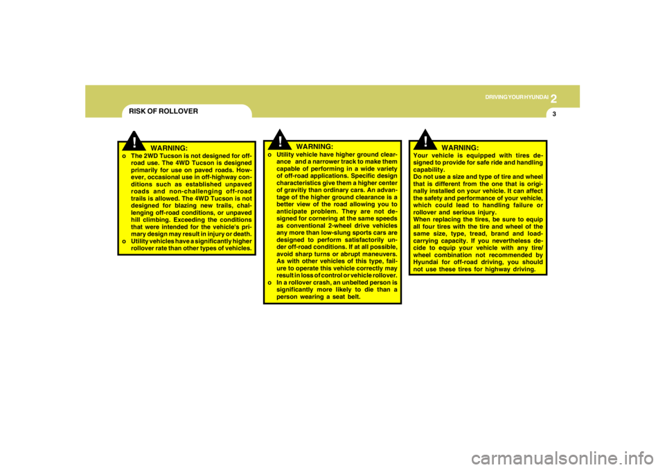 HYUNDAI TUCSON 2007  Owners Manual 2
DRIVING YOUR HYUNDAI
3
!
!
WARNING:
o The 2WD Tucson is not designed for off-
road use. The 4WD Tucson is designed
primarily for use on paved roads. How-
ever, occasional use in off-highway con-
dit