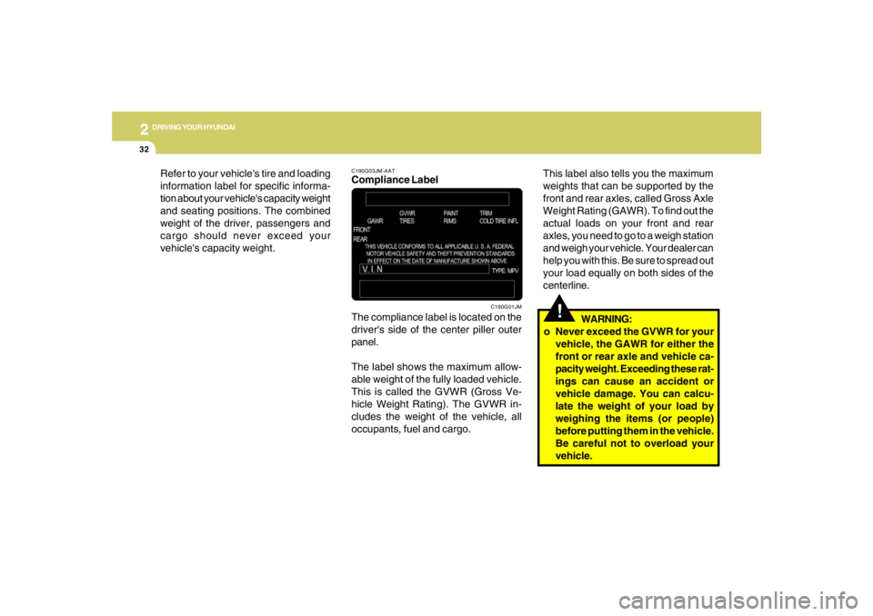 HYUNDAI TUCSON 2007  Owners Manual 2
DRIVING YOUR HYUNDAI
32
C190G03JM-AATCompliance Label
The compliance label is located on the
drivers side of the center piller outer
panel.
The label shows the maximum allow-
able weight of the ful