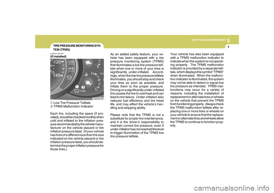 HYUNDAI TUCSON 2007  Owners Manual 3
WHAT TO DO IN AN EMERGENCY
5
TIRE PRESSURE MONITORING SYS-
TEM (TPMS)
C320A01JM C320A01JM-AAT
(If installed)➀ Low Tire Pressure Telltale
➁ TPMS Malfunction Indicator
Each tire, including the spa