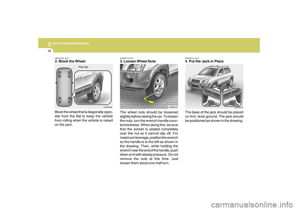 HYUNDAI TUCSON 2007  Owners Manual 312
WHAT TO DO IN AN EMERGENCY
D060E01A-AAT4. Put the Jack in Place
The base of the jack should be placed
on firm, level ground. The jack should
be positioned as shown in the drawing.
HJM4010 D060D01A