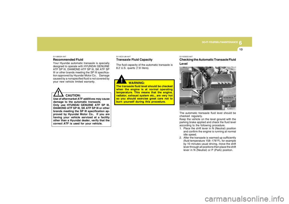 HYUNDAI TUCSON 2007  Owners Manual 6
DO-IT-YOURSELF MAINTENANCE
13
!
G110D03O-AATChecking the Automatic Transaxle Fluid
LevelThe automatic transaxle fluid level should be
checked regularly.
Keep the vehicle on the level ground with the