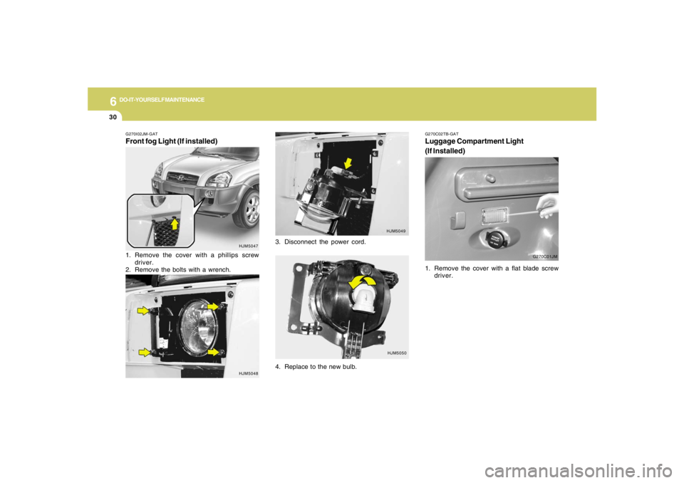 HYUNDAI TUCSON 2007  Owners Manual 6
DO-IT-YOURSELF MAINTENANCE
30
G270C02TB-GATLuggage Compartment Light
(If Installed)
G270C01JM
1. Remove the cover with a flat blade screw
driver.
G270I02JM-GATFront fog Light (If installed)
HJM5047

