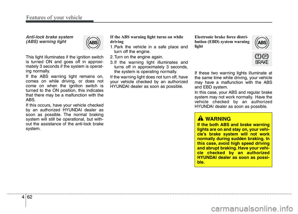 HYUNDAI VELOSTER TURBO 2016  Owners Manual Features of your vehicle
62 4
Anti-lock brake system
(ABS) warning light 
This light illuminates if the ignition switch
is turned ON and goes off in approxi-
mately 3 seconds if the system is operat-
