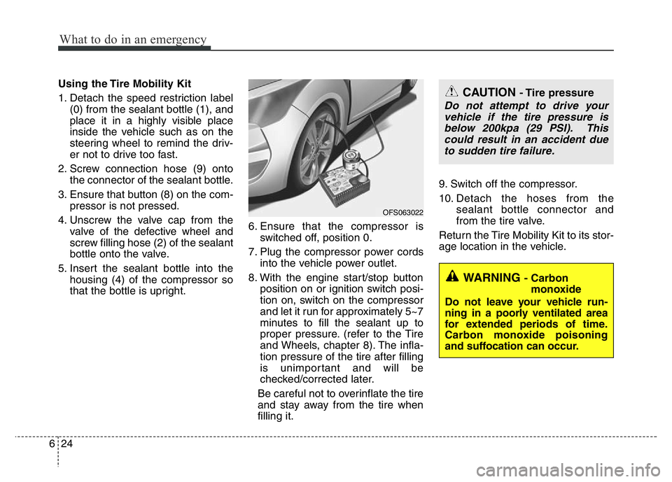 HYUNDAI VELOSTER TURBO 2016  Owners Manual What to do in an emergency
24 6
Using the Tire Mobility Kit
1. Detach the speed restriction label
(0) from the sealant bottle (1), and
place it in a highly visible place
inside the vehicle such as on 