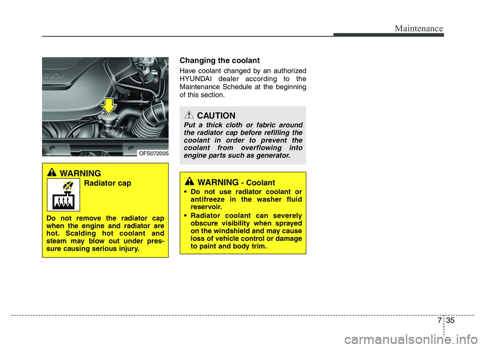 HYUNDAI VELOSTER TURBO 2016  Owners Manual 735
Maintenance
Changing the coolant
Have coolant changed by an authorized
HYUNDAI dealer according to the
Maintenance Schedule at the beginning
of this section.
WARNING
Radiator cap
Do not remove the