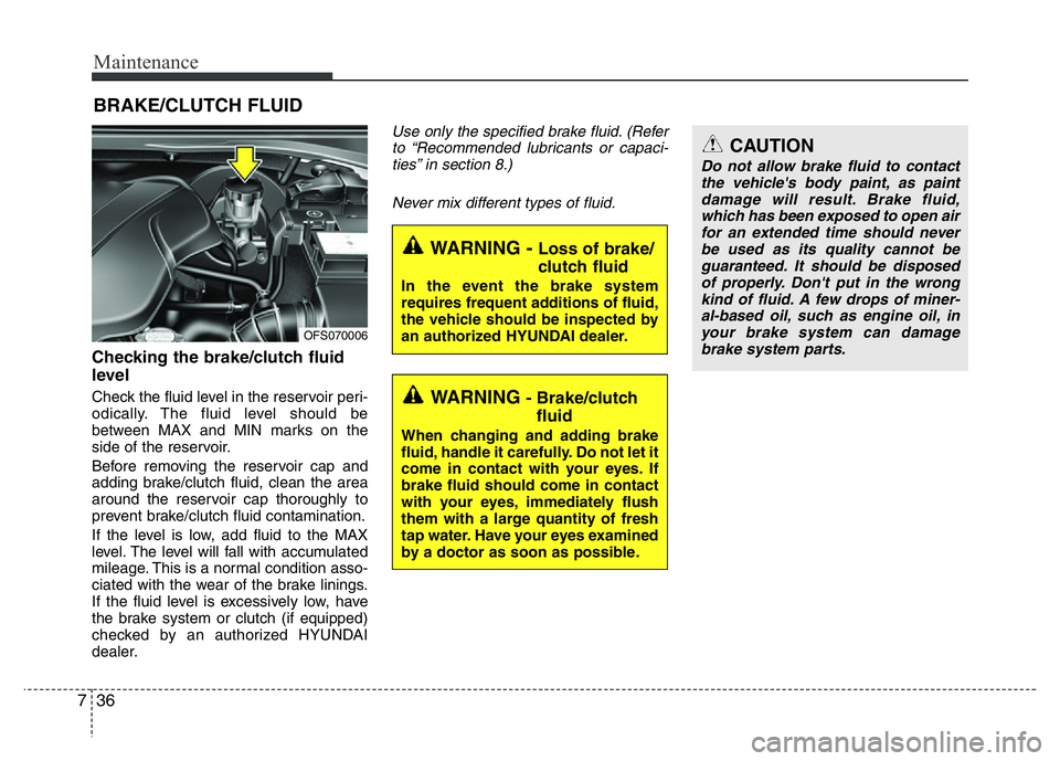 HYUNDAI VELOSTER TURBO 2016  Owners Manual Maintenance
36 7
BRAKE/CLUTCH FLUID
Checking the brake/clutch fluid
level
Check the fluid level in the reservoir peri-
odically. The fluid level should be
between MAX and MIN marks on the
side of the 