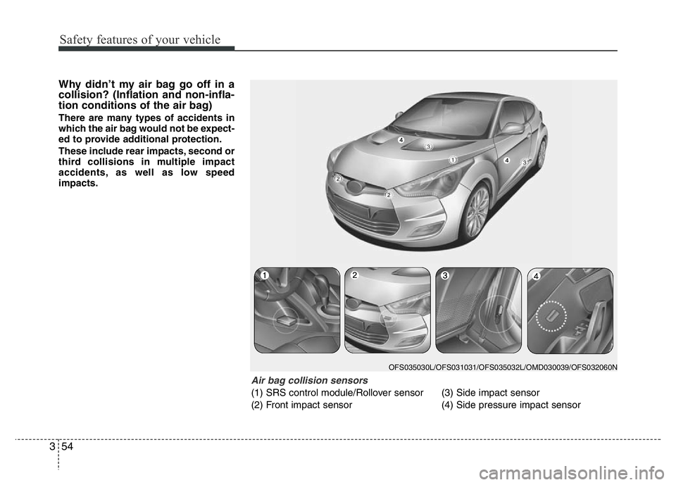 HYUNDAI VELOSTER TURBO 2016  Owners Manual Safety features of your vehicle
54 3
Why didn’t my air bag go off in a
collision? (Inflation and non-infla-
tion conditions of the air bag)
There are many types of accidents in
which the air bag wou
