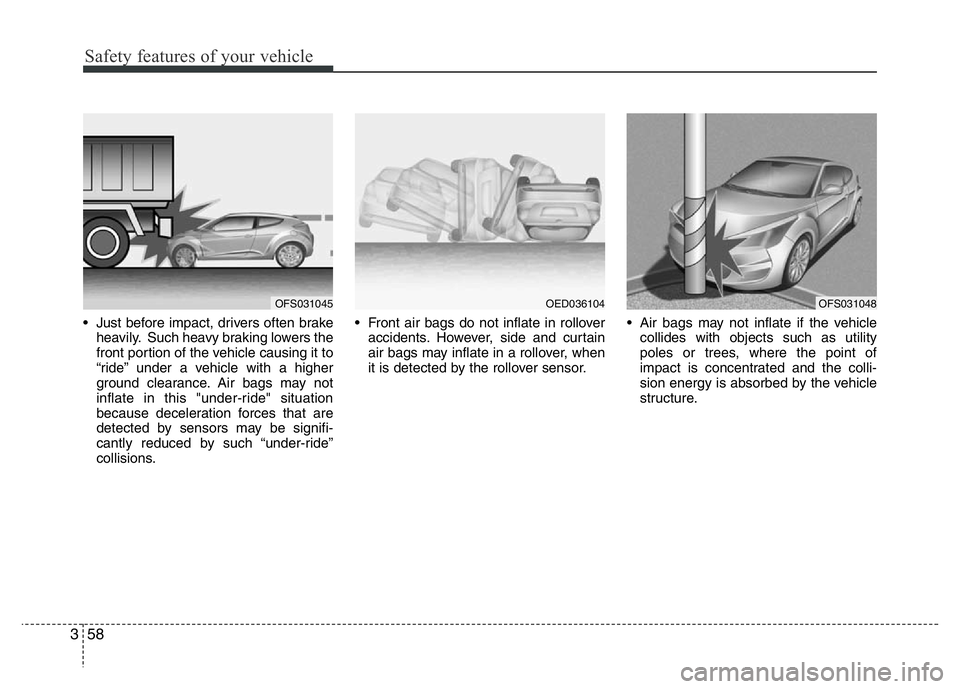 HYUNDAI VELOSTER TURBO 2016  Owners Manual Safety features of your vehicle
58 3
• Just before impact, drivers often brake
heavily. Such heavy braking lowers the
front portion of the vehicle causing it to
“ride” under a vehicle with a hig