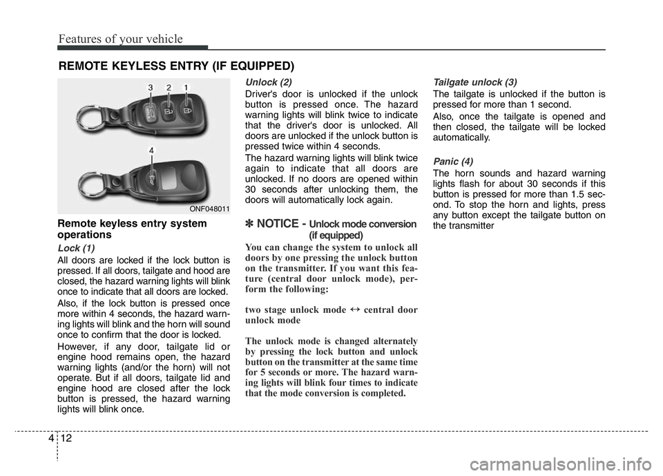 HYUNDAI VELOSTER TURBO 2016  Owners Manual Features of your vehicle
12 4
Remote keyless entry system
operations
Lock (1)
All doors are locked if the lock button is
pressed. If all doors, tailgate and hood are
closed, the hazard warning lights 