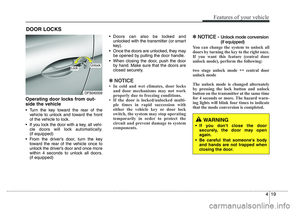 HYUNDAI VELOSTER TURBO 2016  Owners Manual 419
Features of your vehicle
Operating door locks from out-
side the vehicle 
• Turn the key toward the rear of the
vehicle to unlock and toward the front
of the vehicle to lock.
• If you lock the