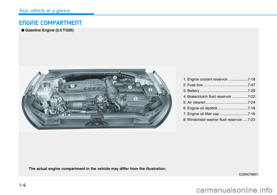 HYUNDAI VELOSTER 2022  Owners Manual 1-6
Your vehicle at a glance
ENGINE COMPARTMENT
1. Engine coolant reservoir ...................7-18
2. Fuse box ...........................................7-47
3. Battery .............................