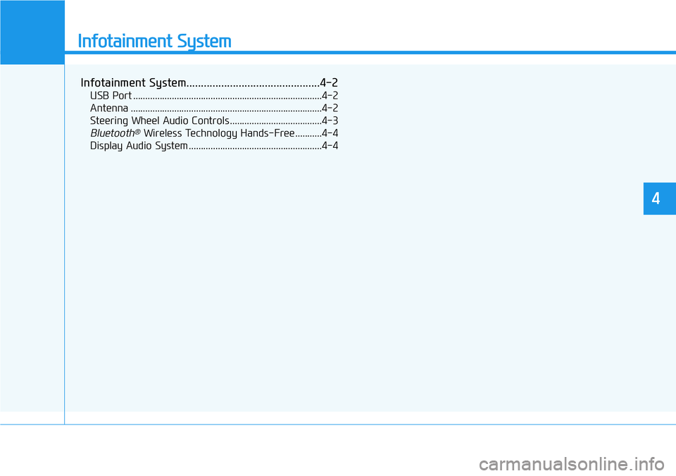 HYUNDAI VELOSTER 2022  Owners Manual Infotainment System
Infotainment System..............................................4-2
USB Port ..............................................................................4-2
Antenna ............