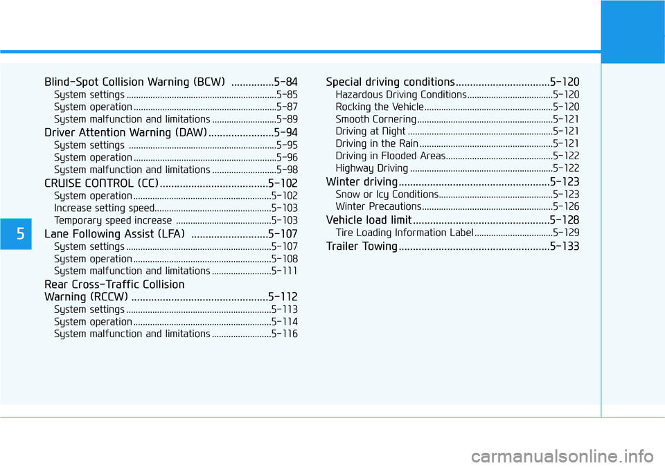 HYUNDAI VELOSTER 2022 Owners Manual 5
Blind-Spot Collision Warning (BCW) ...............5-84
System settings ...............................................................5-85
System operation ......................................... HYUNDAI VELOSTER 2022 Owners Manual 5
Blind-Spot Collision Warning (BCW) ...............5-84
System settings ...............................................................5-85
System operation .........................................