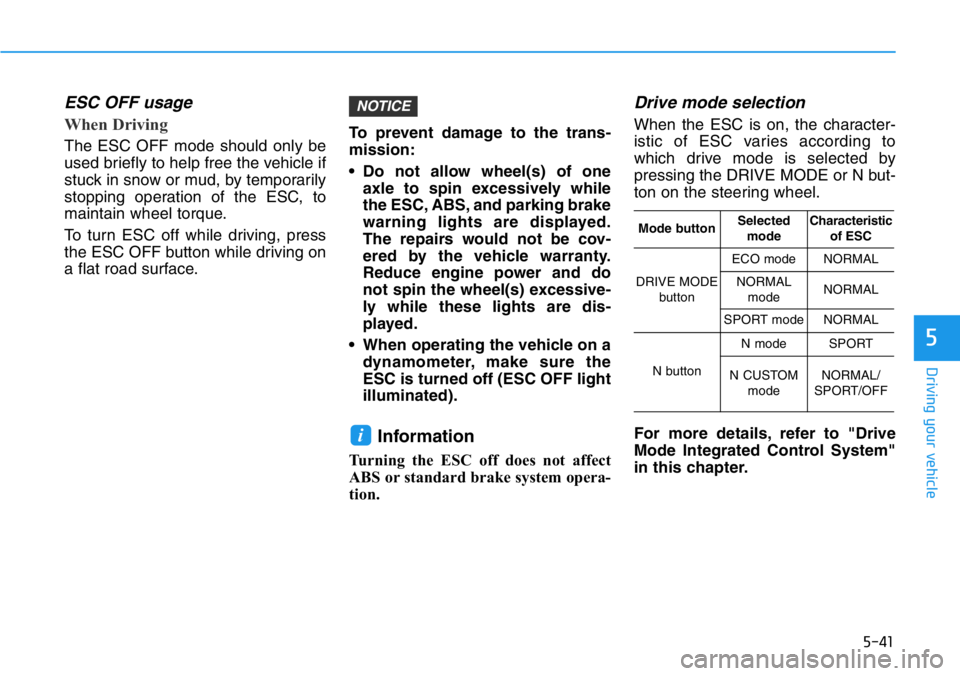 HYUNDAI VELOSTER 2022 Owners Manual 5-41
Driving your vehicle
5
ESC OFF usage
When Driving
The ESC OFF mode should only be
used briefly to help free the vehicle if
stuck in snow or mud, by temporarily
stopping operation of the ESC HYUNDAI VELOSTER 2022 Owners Manual 5-41
Driving your vehicle
5
ESC OFF usage
When Driving
The ESC OFF mode should only be
used briefly to help free the vehicle if
stuck in snow or mud, by temporarily
stopping operation of the ESC