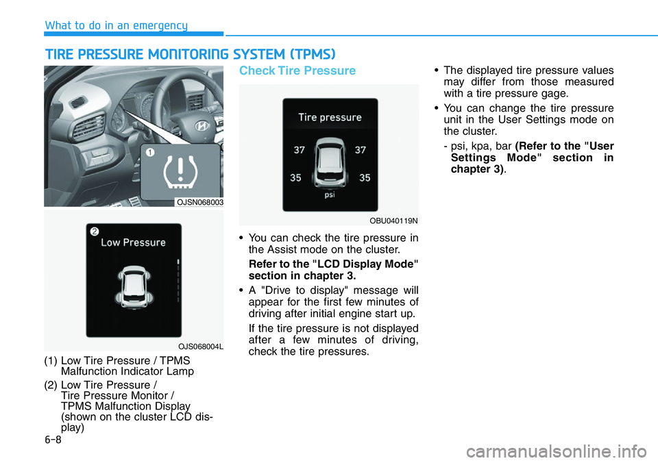 HYUNDAI VELOSTER 2022  Owners Manual 6-8
What to do in an emergency
TIRE PRESSURE MONITORING SYSTEM (TPMS)
(1) Low Tire Pressure / TPMS
Malfunction Indicator Lamp
(2) Low Tire Pressure / 
Tire Pressure Monitor / 
TPMS Malfunction Display