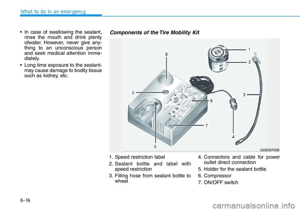 HYUNDAI VELOSTER 2022  Owners Manual 6-16
What to do in an emergency
• In case of swallowing the sealant,
rinse the mouth and drink plenty
ofwater. However, never give any-
thing to an unconscious person
and seek medical attention imme
