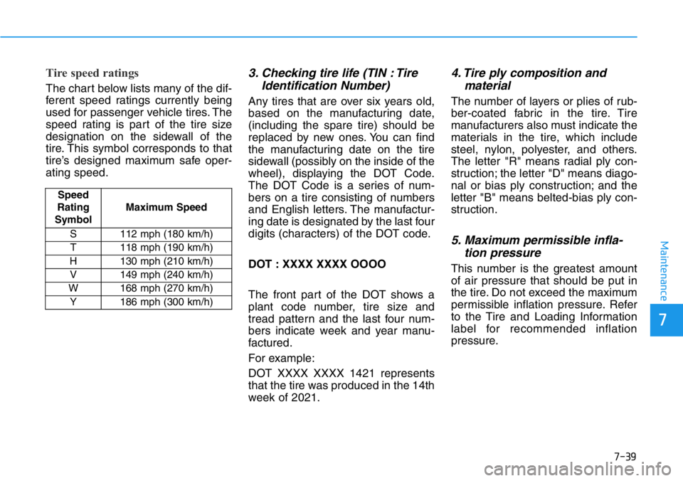 HYUNDAI VELOSTER 2022 Owners Manual 7-39
7
Maintenance
Tire speed ratings
The chart below lists many of the dif-
ferent speed ratings currently being
used for passenger vehicle tires. The
speed rating is part of the tire size
designati HYUNDAI VELOSTER 2022 Owners Manual 7-39
7
Maintenance
Tire speed ratings
The chart below lists many of the dif-
ferent speed ratings currently being
used for passenger vehicle tires. The
speed rating is part of the tire size
designati