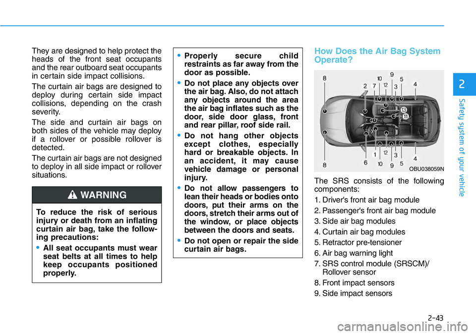 HYUNDAI VELOSTER 2022 Owners Manual 2-43
Safety system of your vehicle
2
They are designed to help protect the
heads of the front seat occupants
and the rear outboard seat occupants
in certain side impact collisions.
The curtain air bag HYUNDAI VELOSTER 2022 Owners Manual 2-43
Safety system of your vehicle
2
They are designed to help protect the
heads of the front seat occupants
and the rear outboard seat occupants
in certain side impact collisions.
The curtain air bag