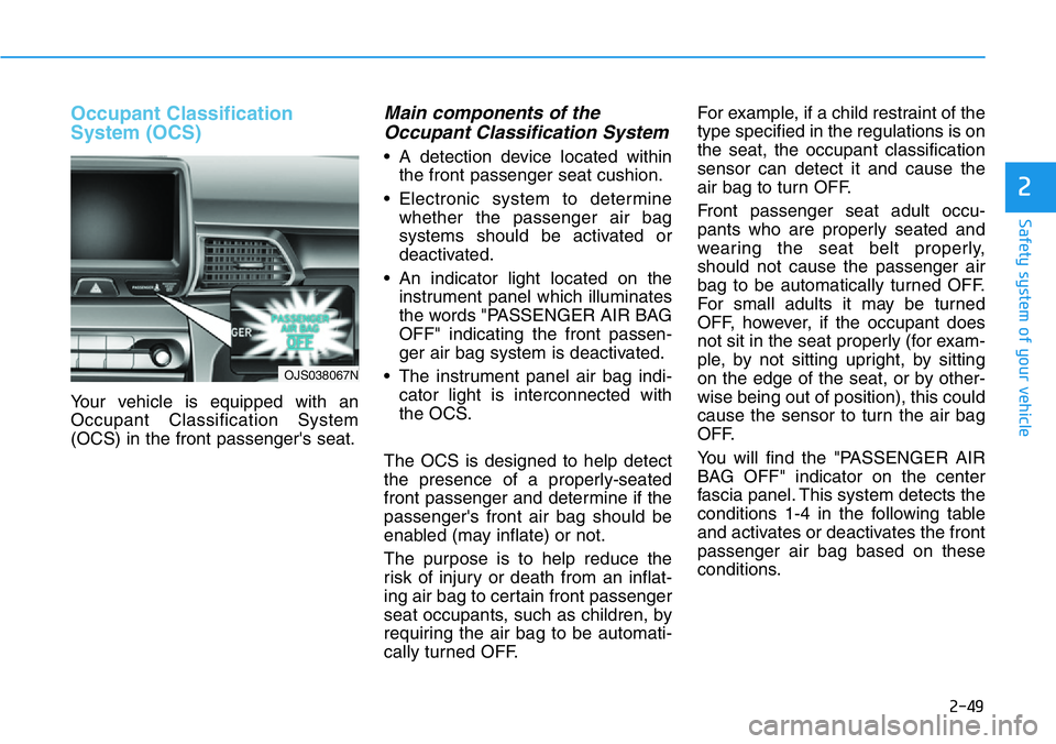 HYUNDAI VELOSTER 2022 Owners Manual 2-49
Safety system of your vehicle
2
Occupant Classification
System (OCS)
Your vehicle is equipped with an
Occupant Classification System
(OCS) in the front passenger's seat.
Main components of th HYUNDAI VELOSTER 2022 Owners Manual 2-49
Safety system of your vehicle
2
Occupant Classification
System (OCS)
Your vehicle is equipped with an
Occupant Classification System
(OCS) in the front passenger's seat.
Main components of th