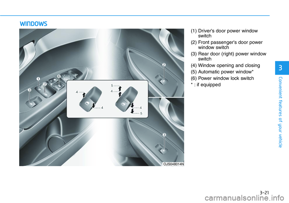 HYUNDAI VELOSTER 2022  Owners Manual 3-21
Convenient features of your vehicle
3
(1) Driver's door power window
switch
(2) Front passenger's door power
window switch
(3) Rear door (right) power window
switch
(4) Window opening and