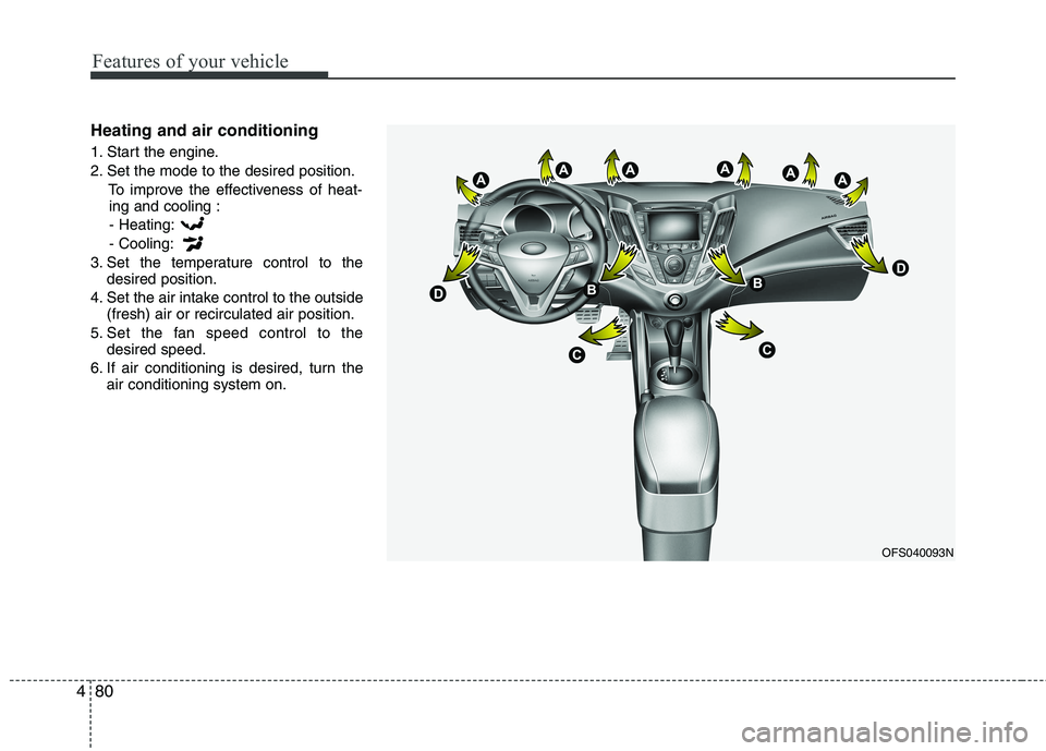 HYUNDAI VELOSTER 2013  Owners Manual Features of your vehicle
80 4
Heating and air conditioning
1. Start the engine.
2. Set the mode to the desired position.
To improve the effectiveness of heat-
ing and cooling :
- Heating:
- Cooling:
3