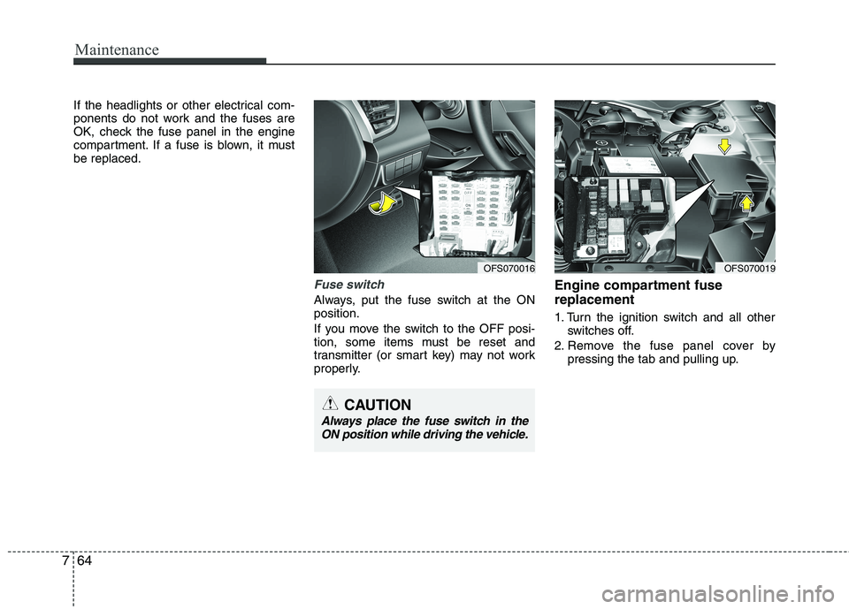 HYUNDAI VELOSTER 2013  Owners Manual Maintenance
64 7
If the headlights or other electrical com-
ponents do not work and the fuses are
OK, check the fuse panel in the engine
compartment. If a fuse is blown, it must
be replaced.
Fuse swit