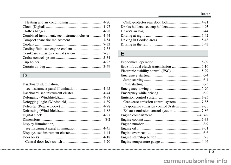 HYUNDAI VELOSTER 2013 Owners Manual I3
Index
Heating and air conditioning ......................................4-80
Clock (Digital) ..............................................................4-97
Clothes hanger ..................... HYUNDAI VELOSTER 2013 Owners Manual I3
Index
Heating and air conditioning ......................................4-80
Clock (Digital) ..............................................................4-97
Clothes hanger .....................