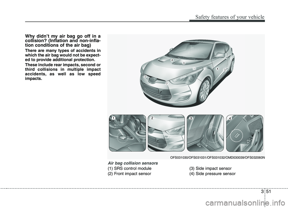 HYUNDAI VELOSTER 2013  Owners Manual 351
Safety features of your vehicle
Why didn’t my air bag go off in a
collision? (Inflation and non-infla-
tion conditions of the air bag)
There are many types of accidents in
which the air bag woul