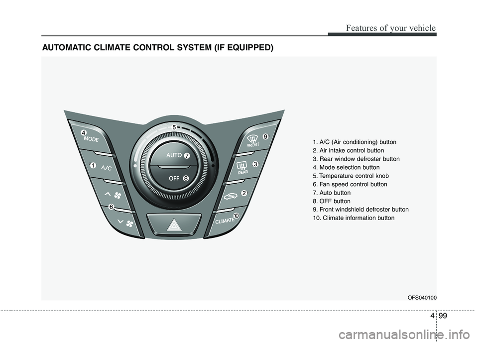 HYUNDAI VELOSTER 2012  Owners Manual 499
Features of your vehicle
AUTOMATIC CLIMATE CONTROL SYSTEM (IF EQUIPPED)
1. A/C (Air conditioning) button
2. Air intake control button
3. Rear window defroster button
4. Mode selection button
5. Te