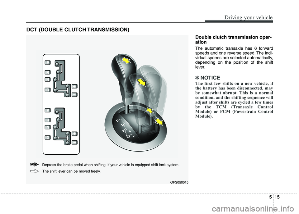 HYUNDAI VELOSTER 2012  Owners Manual 515
Driving your vehicle
Double clutch transmission oper-
ation
The automatic transaxle has 6 forward
speeds and one reverse speed. The indi-
vidual speeds are selected automatically,
depending on the