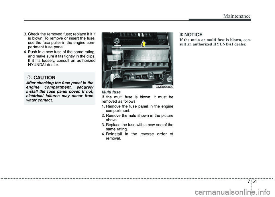 HYUNDAI VELOSTER 2012  Owners Manual 751
Maintenance
3. Check the removed fuse; replace it if it
is blown. To remove or insert the fuse,
use the fuse puller in the engine com-
partment fuse panel.
4. Push in a new fuse of the same rating